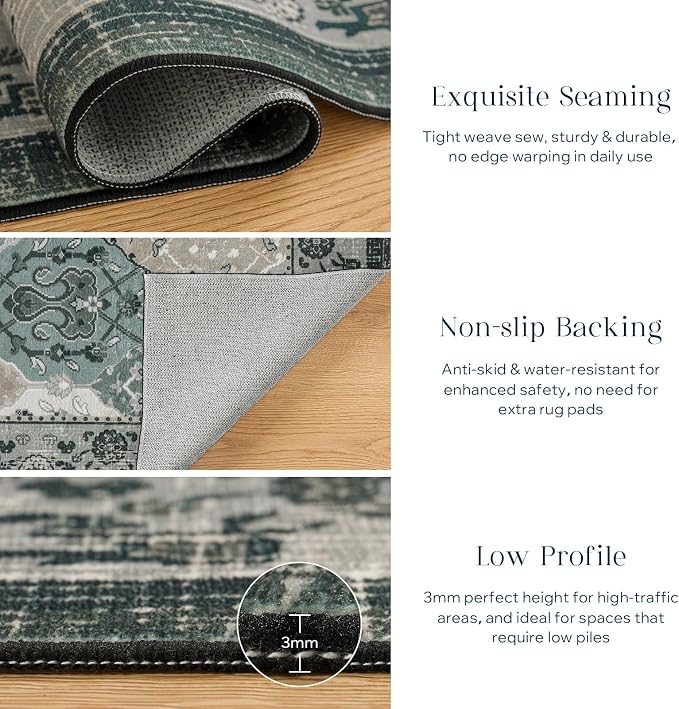 Phantoscope Washable Area Rug 5'x7' Non-Slip, Vintage Boho Rugs for Living Room, Bedroom, Dining Room, Distressed Moroccan Mosaic Diamond Pattern, Low-Pile Foldable Floor Carpet, Grey Charcoal