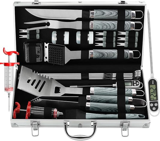 grilljoy 24PCS BBQ Grill Tools Set with Meat Thermometer and Injector - Extra Thick Stainless Steel Fork, Spatula& Tongs - Complete BBQ Accessories in - Perfect Grill Gifts for Father's Day