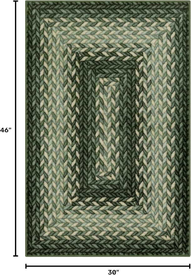 Maples Rugs Marion Bohemian Braided-Style Print Area Rug – Made in USA – Washable, Non-Slip Low-Profile Small Indoor Rug for Entryway & Kitchen, 46" x 30", Green