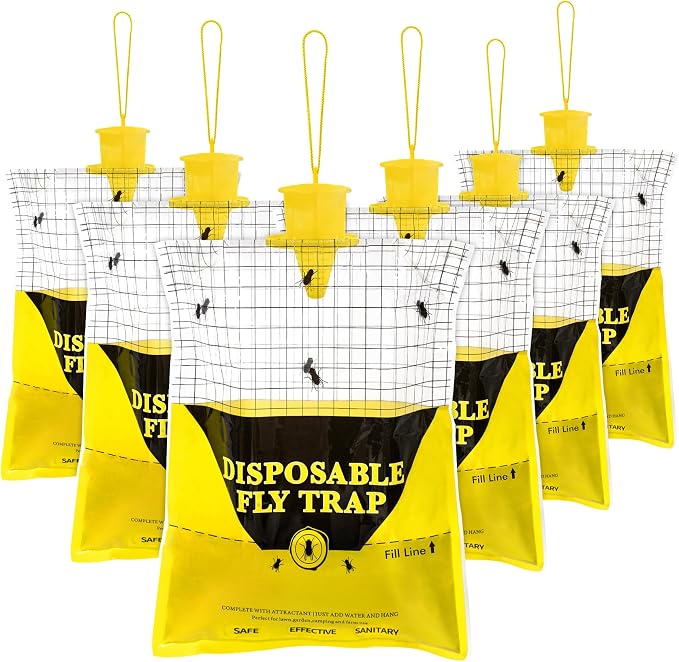 Outdoor Fly Traps for Patio, 6 Pack Pre-Baited Big Fly Bags Outdoor Disposable, Hanging Fly Catcher Hunter Stable Horse Ranch Control Repellent Killer for Barn, Farm