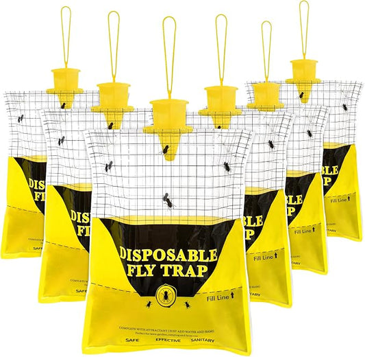 Outdoor Fly Traps for Patio, 6 Pack Pre-Baited Big Fly Bags Outdoor Disposable, Hanging Fly Catcher Hunter Stable Horse Ranch Control Repellent Killer for Barn, Farm