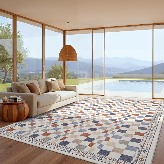 GarveeHome 9x12 Area Rug for Living Room Machine Washable Non-Slip Low Pile | Throw Floor Carpet Modern Abstract Checkered Rugs Contemporary Multi-Color Playroom Area Rug for Bedroom Kids Room