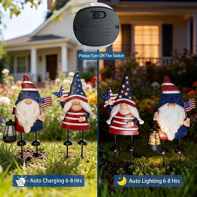 Solar Patriotic Gnomes Garden Stakes - 4th of July Decorations 25" American Flag Garden Gnomes Outdoor Decor for Outdoor & Memorial Day Yard Art 2 Pack
