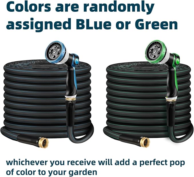 Non-Expanding Garden Hose 100ft – Flexible, Burst-Resistant, Anti-Kink, 10-Function Spray Nozzle, Lightweight & Durable for Outdoor Use(Blue or Green)
