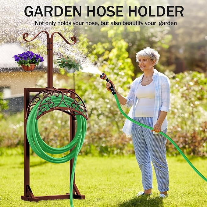 Garden Hose Holder - Upgraded Water Hose Holders for Outside with 5 Spikes & 2 Shepherds Hooks, Freestanding Hose Stand Hose Hanger Hose Storage Hose Reel Rack for Yard Lawn(Brown)