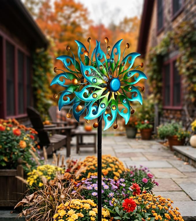 Solar Wind Spinners Outdoor, Yard Decorations Outdoor, Peacock Decor | Hand-Crafted Art,Weather-Resistant,Heavy-Duty,Whisper-Quiet Dual-Bearing,Auto-Glow Solar Crackle Ball,Stable 5-Prong Stake
