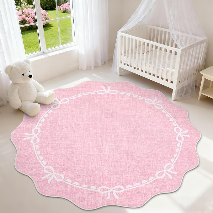 GarveeHome 6ft Round Rugs Washable Scalloped Bow Rug for Bedroom, Pink | Non Slip Soft Low Pile Ultra-Thin Stain Resistant Indoor Carpet for Living Room Nursery Girls Dorm Decor Kids Room Playroom