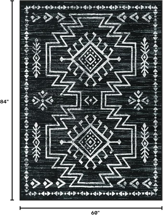Lahome 5x7 Western Black and White Rugs for Living Room, Washable Aztec Rug | Boho Soft Low Pile Distressed Moroccan Carpet for Bedroom Dining Room Home Decor