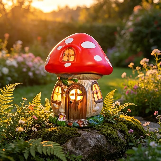 Mushroom Fairy Garden House - 11 inch Resin Fairy Garden Accessories Figurines, Waterproof Whimsical Mushrooms Garden Statue Houses for Outdoor,Outside, Lawn