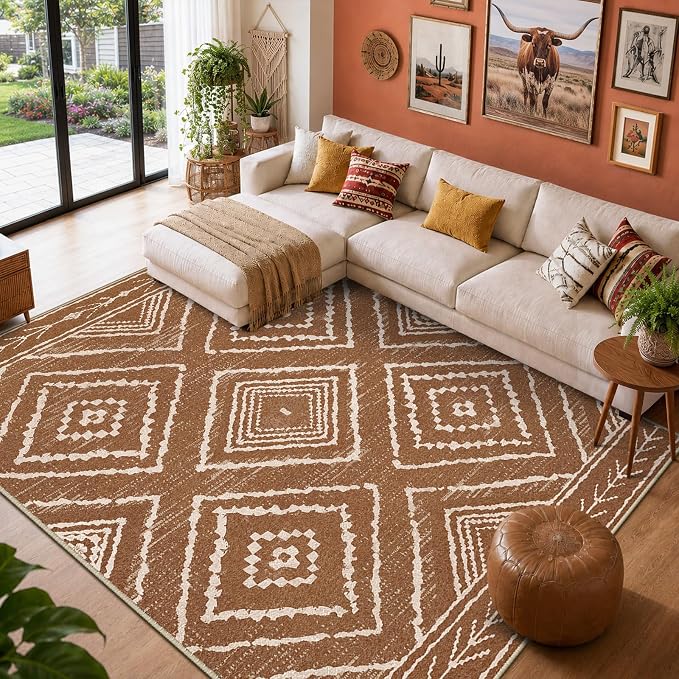 8'x10' Washable Area Rug for Living Room Bedroom Yellowbrown | Soft Western No Slip Low Pile Print Foldable Indoor for Kitchen Dining Room
