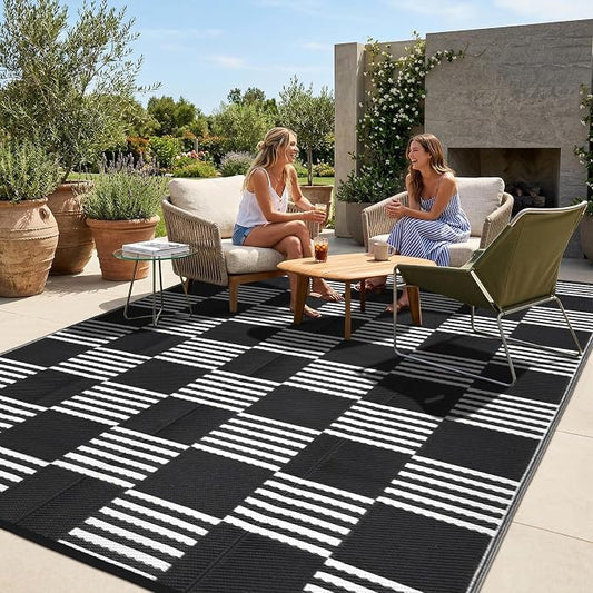 Garvee Waterproof Outdoor Rug 10x14, Checkered Foldable Plastic Straw Patio Camping Rug, Outdoor RV Carpet for Deck Camper Porch Balcony Backyard Picnic Beach Black and White