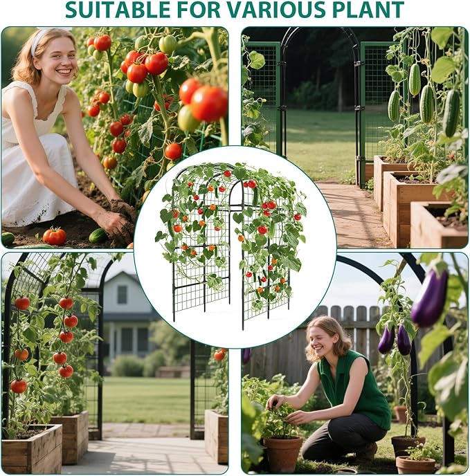 GarveeLife Metal Garden Arch Trellis 7.3 FT, Cucumber & Melon Trellis for Raised Beds, u-Shape Plant Support with Plastic Connectors for Climbing Vegetables, Grapes & Roses, Black