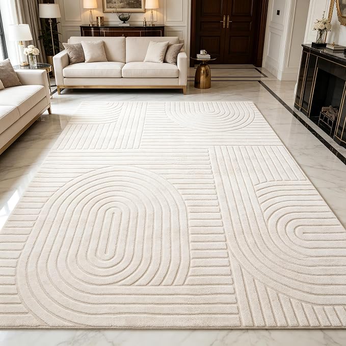 Beige Boho 8x10 Solid Color Area Rugs, Washable Living Room Rug | Ultra Soft Plush High-Low Pile Carpet, Fluffy, Non-Slip, Durable Rugs for Bedroom, Kids Room, Nursery, Apartment, Home Office