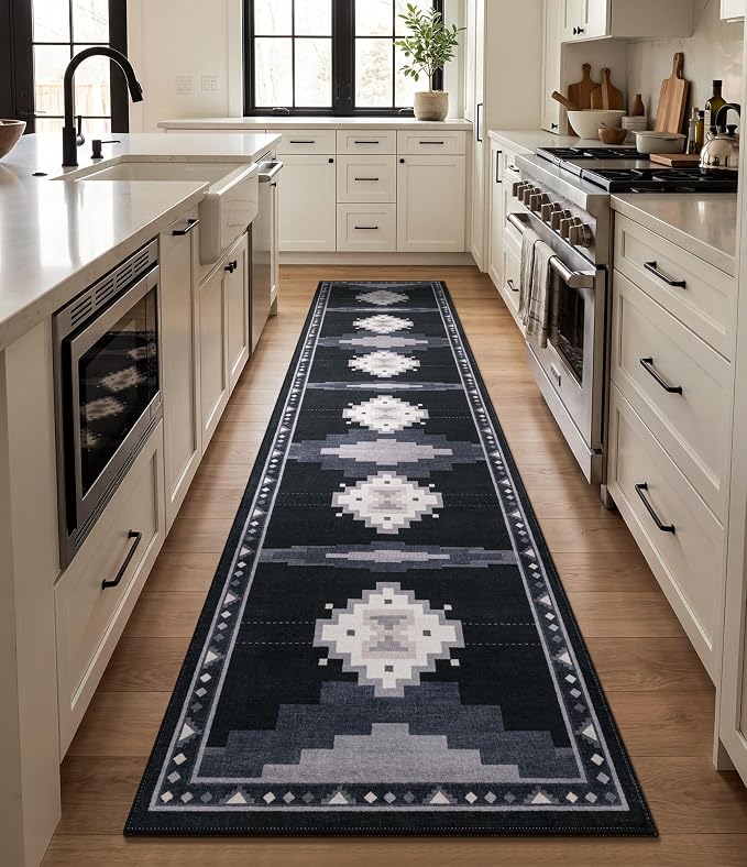 2'x8' Non-Slip Kitchen Runner Rug, Black and Grey Western Aztec Rug | Washable, Low Pile, Soft, Southwestern Geometric Design, for Entryway Hallway Boy Bedroom, Stain Resistant