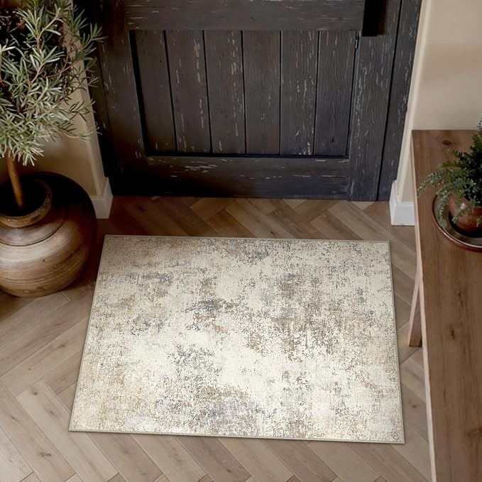 2x3 Beige Brown Modern Abstract Washable Area Rug for Entryway | Low Pile, Non Slip, Modern Abstract Style, Soft Indoor Rug for Entryway, Kitchen, Bathroom, Door Mat, Home Decor