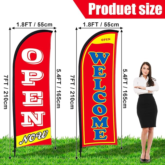 Buryeah 2 Sets Now Open Flag Banner for Business Advertising 7 ft Feather Flag Sign with Flagpole Ground Stake Portable Bag(Red)