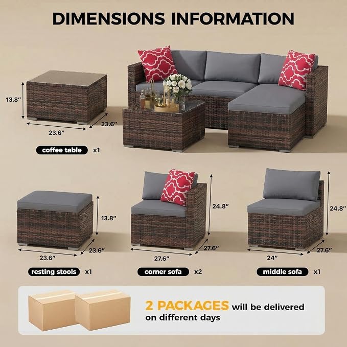 5-Piece Patio Sectional Sofa Set, All-Weather Brown PE Rattan Outdoor Conversation Furniture with Neutral-Tone Cushions, Glass Coffee Table & Footstool, Modular Design for Garden, Porch, Balcony, Pool