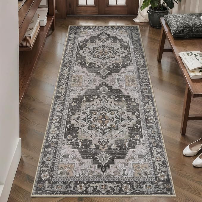 Tangsoo 2x6 Washable Runner Rug for Hallways, Vintage Non Slip Rug Runners | Farmhouse Soft Low Pile Rug,Boho Print Carpet Oriental Hallway Runner for Kitchen Bedroom Entryway Bathroom Grey Taupe Decor