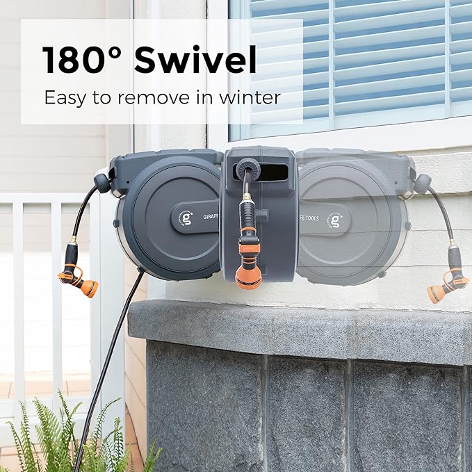 Giraffe Tools Retractable Garden Hose Reel, 5/8" x 90 ft Pro Wall Mounted Hose Reels with 180° Metal Bracket, Any Length Lock Hose Reel with 9- Function Sprayer Nozzle