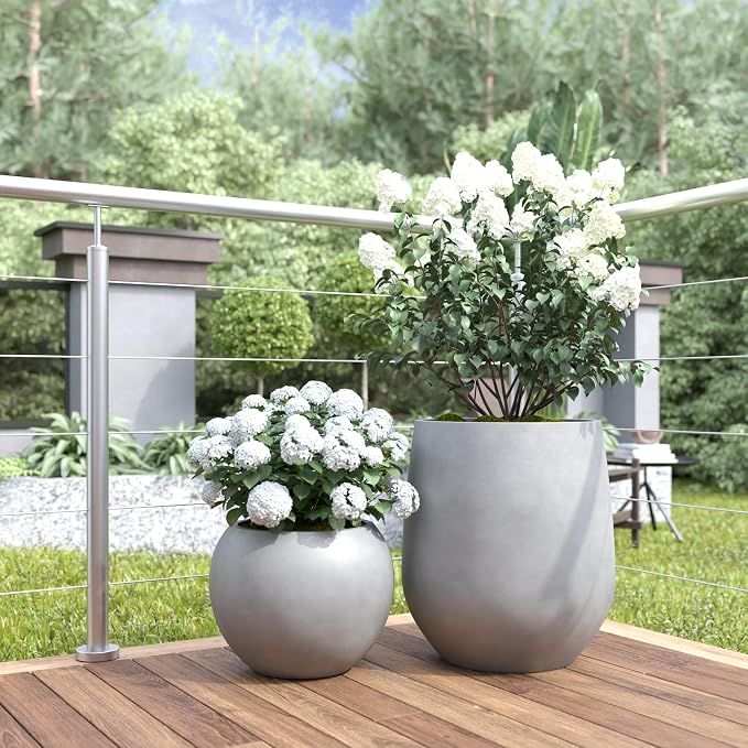 DTY Premium Mt Sherman Fiberstone Sphere Planter for Indoor Outdoor Use, Round Pot for Olive Tree, Lightweight, Smooth Finishes. 2 Extra Coco Mats. Gray, Small 12.6" D x 10'' H. 8.5” Pot Opening