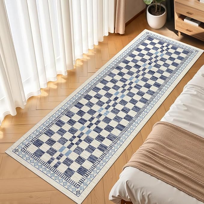 GarveeHome Runner Rug 2x10 for Kitchen Blue Contemporary Checkered Long Rug | Machine Washable Modern Abstract Runners for Bathroom Non-Slip Low Pile Easy-Clean Soft Area Rug for Bedroom Porch Hallway
