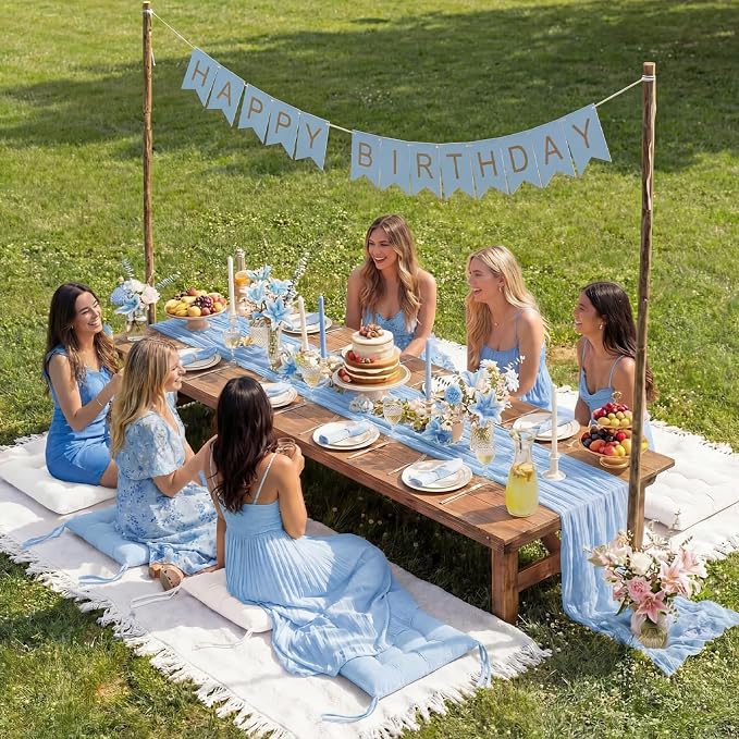 Extra Large Outdoor Picnic Blanket with Table Runner and Floor Pillow Cushion for Picnic Wedding Birthday Baby Shower Backyard Decor(91 x 71'',Light Blue,White,8 Pcs)