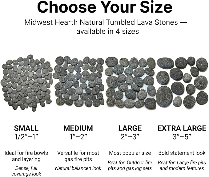 Midwest Hearth Natural Tumbled Lava Stones for Gas Fire Pit and Fireplace | Large (2"–3") | Smooth Round Volcanic Rock | 10 Lbs