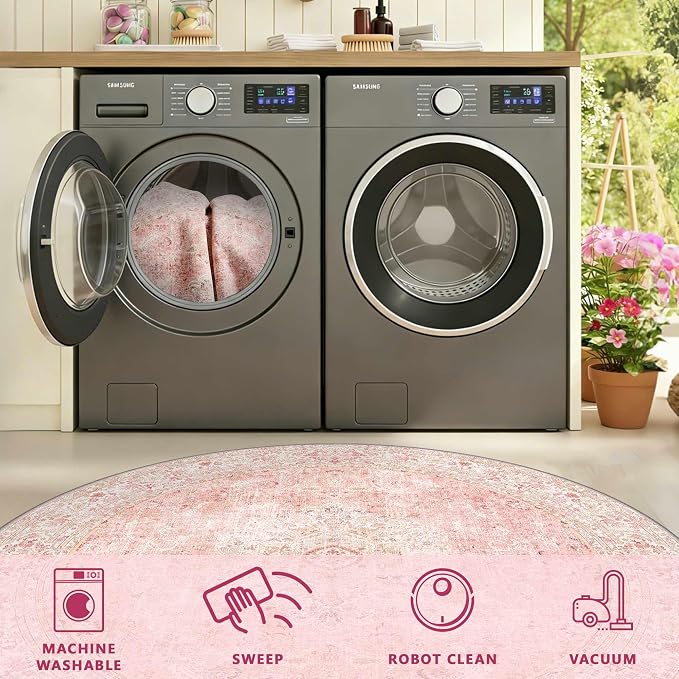 Latte&Fog 6ft Pink Round Area Rug for Girl Bedroom Washable Cute Circle Rug | Non Slip Low Pile Soft Floral Indoor Carpet for Living Room Kids Playroom Nursery Classroom Dorm Decor Dining Kitchen Office
