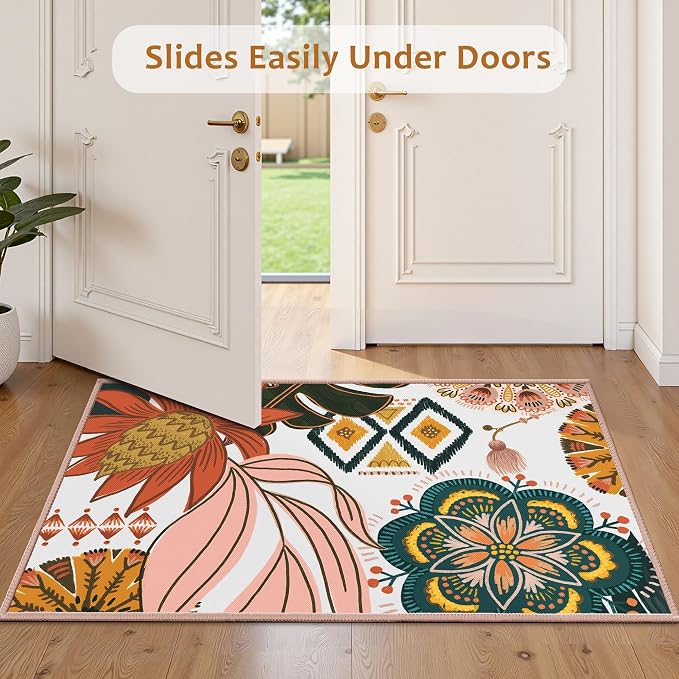 Tyrot Boho Floral 2x3 Washable Kitchen & Entryway Rug Ultra-Thin Flat Woven Low-Pile Botanical Area Rug Non Slip Indoor Door Mat for Bathroom Bedroom, Blush Pink