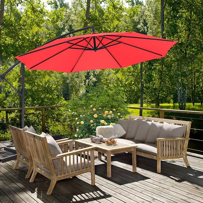 ABCCANOPY 9FT Cantilever Patio Umbrella with base included, 360° Rotation Outdoor Offset Umbrella for Backyard, Deck, Poolside (Red)