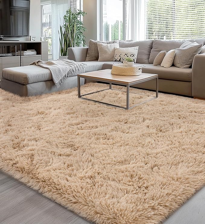 8x10 Large Area Rugs for Living Room, Fluffy Washable Beige | Upgrade Non-slip, 8 x 10 Neutral Big Shag Rug for Bedroom Kids, Modern Shaggy Furry Carpet for Dorm, Flame Resistant