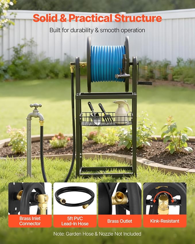 VEVOR Freestanding Garden Hose Reel, Holds 200 Feet of 5/8-inch Hose, Wall Mount or Ground Mount, Detachable Holder Stand with Storage Rack, 5 ft Leader Hose, Brass Fitting, 4 Spikes, for Backyards