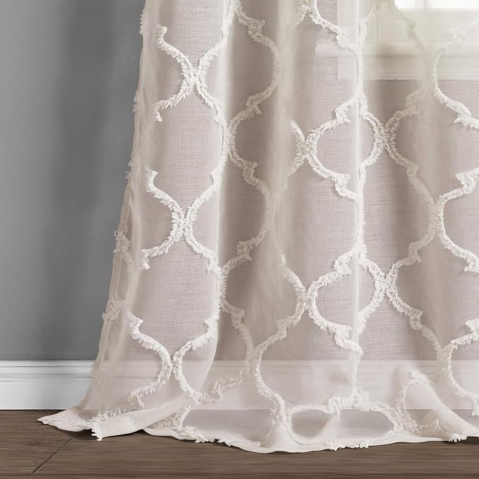 Lush Decor Avon Trellis Grommet Sheer Window Curtain Panels Pair 38" W x 95" L Beige - Sheer Curtains for Living Room - Modern Farmhouse Bedroom Curtains