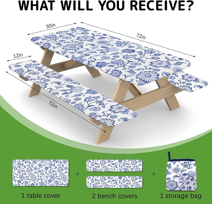 Picnic Table Cover with Bench Covers Elastic Edges, 3 Pcs Flower View Fitted Table Cover with Drawstring Bag, Waterproof Windproof Aesthetic Camping Tablecloth, Outdoor Camping Essentials 72 Inch