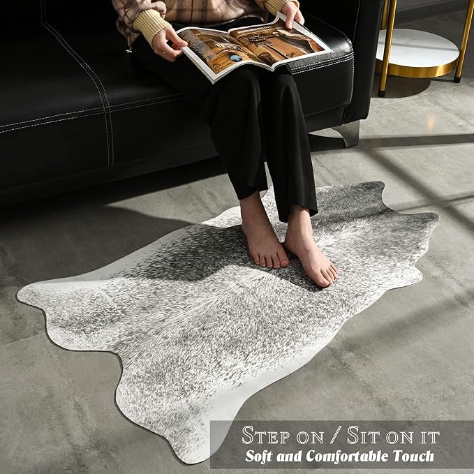 Washable Faux Cowhide Rug 2x3 Grey, Small Modern Farmhouse Animal Skin Area Rug, Non Slip Cow Print Carpet for Bedroom Entryway Bedside, Cute Cottagecore Apartment Room Decor