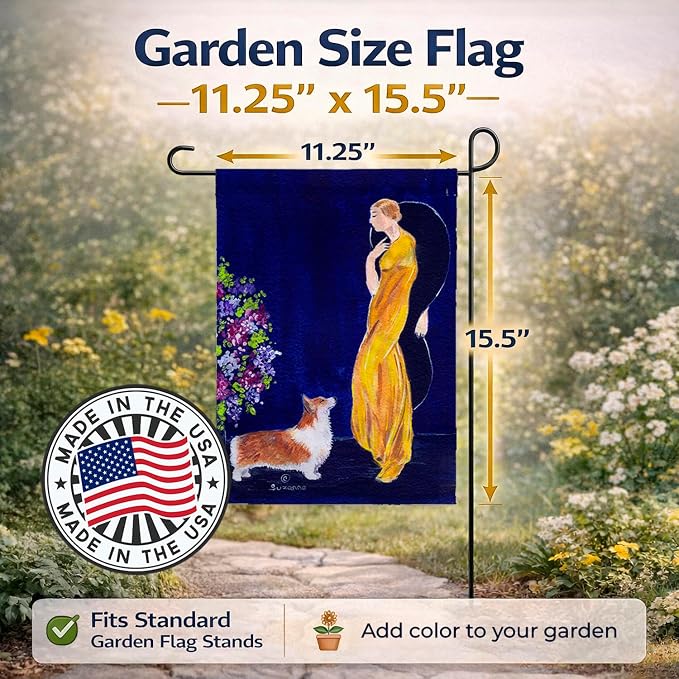 Caroline's Treasures SS8546GF Lady with her Corgi Garden Flag Mailbox Flag Decorative Yard Flag Banner Outside Patio Artwork Yard Flower Beds, Garden Size, Multicolor