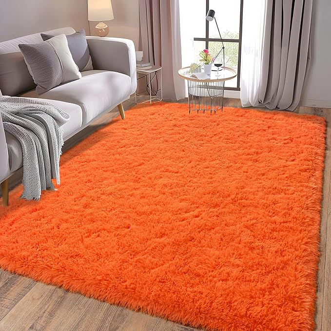 Soft Shag Fluffy Living Room Rug 6x9 Orange Washable | Upgrade Non-slip, 6 x 9 Shaggy Area Rugs for Bedroom, High Pile Fuzzy Plush Carpet Girls Kids Room Dorm, Flame Resistant