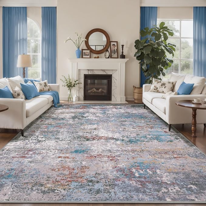 Tangsoo Modern 8x10 Washable Area Rug for Living Room,Abstract Non Slip Rug | Contemporary Indoor Large Area Rugs Carpet, Soft Low Pile Foldable Floor 5X7 Rug for Bedroom Dining Room Blue Grey Decor
