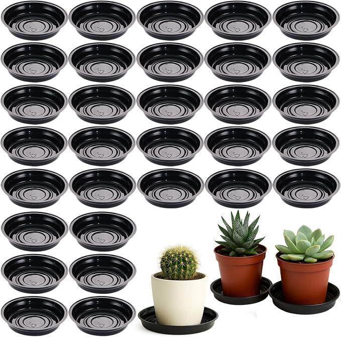 30 Packs 4 Inches Small Plant Saucers for Indoor Outdoor Use Heavy Duty Plastic Plant Plate Dish for Planter Bulk Round Flower Pot Drip Trays to Catch Water 4 to 20 Inch, Black