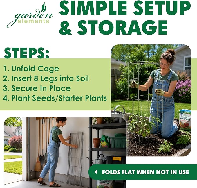 Garden Elements Square Tomato Cage, 40 Inch (Pack of 3) – Heavy Duty Galvanized Steel Plant Support, Collapsible Garden Trellis with 8-Leg Stability for Climbing Vegetables & Vines