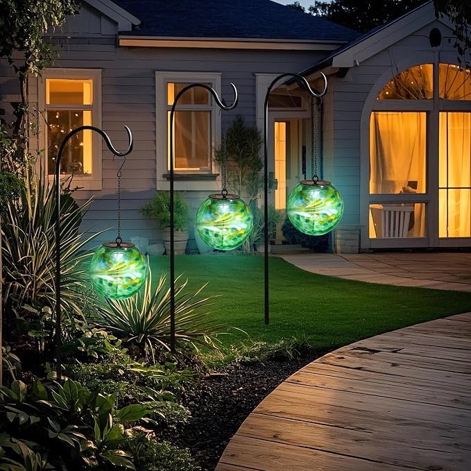 VCUTEKA Glass Solar Lanterns Outdoor Green Hanging Solar Lights for Outside | Solar Lanterns Outdoor Waterproof with Hook, Energy-Efficient LED White Glass Gazing Ball Lights for Garden, Yard Decor