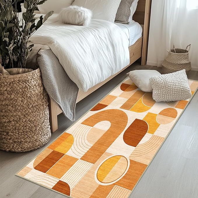 Orange Rug 2x6 Hallway Runner Rug Geometric Mid Century Modern Rugs | Washable Abstract Low Pile Non-Slip Geometric Long Carpet for Kitchen Bedroom Doorway Bathroom Laundry