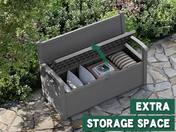 80 Gallon Outdoor Storage Bench, Resin Patio Storage Bench with Armrest, Lockable Deck Boxes Outdoor Waterproof and UV Resistant for Cushions, Garden Tools and Pool Supplies, Dark Grey