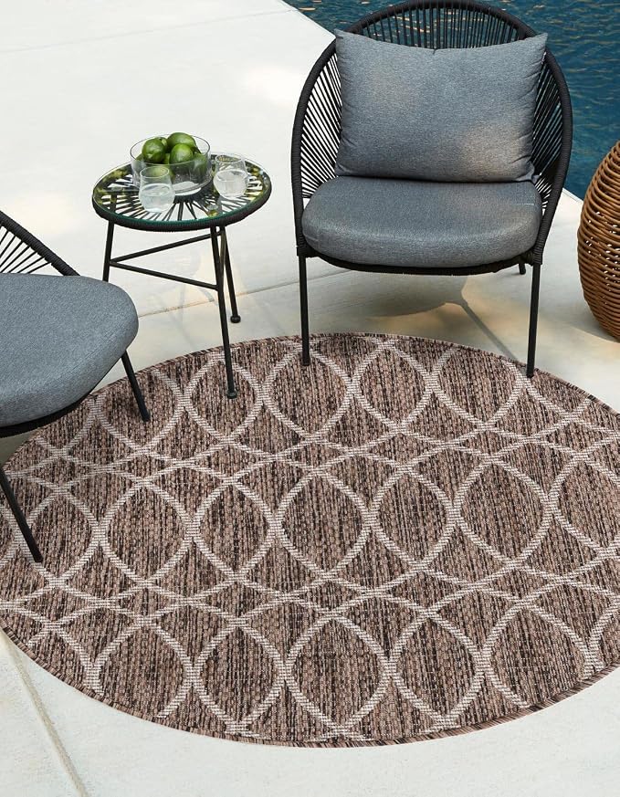Unique Loom Outdoor Trellis Collection Area Rug - Gitter (4' 1" Round, Brown/ Ivory)