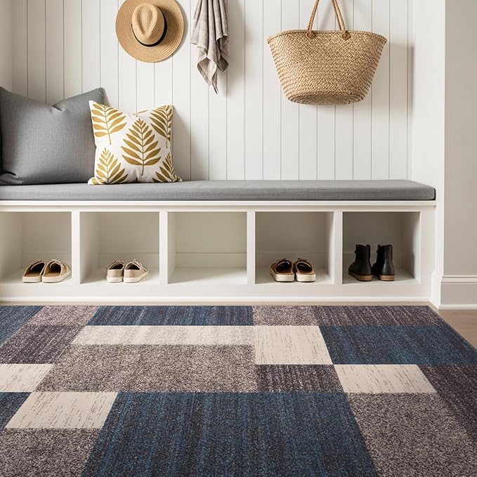 Rugshop Modern Boxes Non-Slip Living Room Bedroom Area Rug Blue 4' x 6' | Rectangular, Size 4' x 6', Dining Room, Home Office, Kitchen, Entryway, Hallway, Nursery, Kids Room, Guest Room, Under Table