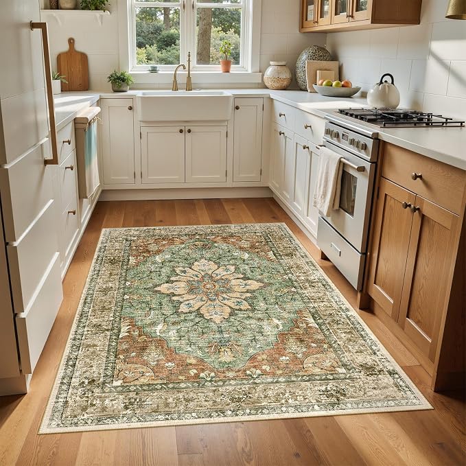 RELEANY Washable Area Rug, 4'x6', Brick/Brown/Green | Non-Slip, Water Repellent, Pet Friendly, Easy to Clean, Vintage Floral Boho Decor for Living Room Bedroom Kitchen Office