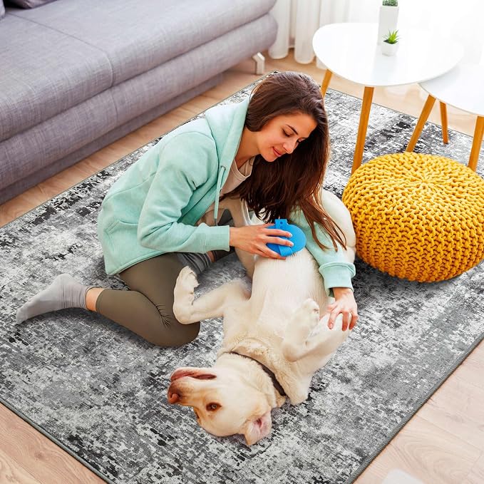 3x5 Dark Grey Washable Area Rug for Living Room Bedroom, Modern Abstract Non-Slip Rugs, Low Pile Soft Stain Resistant Carpet for Dining Room, Kitchen, Office, Dorm, Bedside Decor
