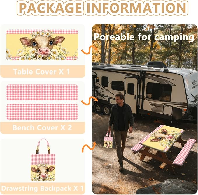 Picnic Table Cover with Bench Covers Elastic Edges, Outdoor Patio Camping Essentials 72 Inch 3PCS, Waterproof Camping Fitted Tablecloth with Handbags (Pink check daisy cow)