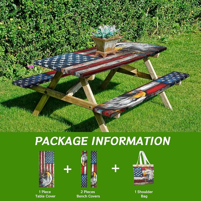 American Flag Picnic Table Cover with Bench Covers and Carrying Bag, Wood Grain USA Flag Art Eagle Outdoor Camping Essentials 6FT 4PCS Fitted Rectangle RV Must Haves Tablecloth