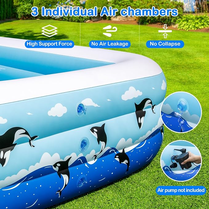 Inflatable Pool 145" x 74" x 22" Large Swimming Pool for Adults & Kids, Oversized Blow Up Pool for Family, Durable Thickened Backyard Kiddie Pool for Outdoor, Garden